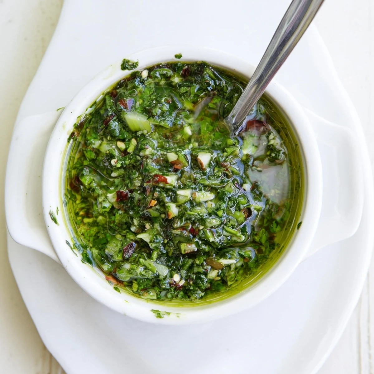 Vibrant green garlic scape chimichurri sauce drizzled generously over perfectly grilled steak