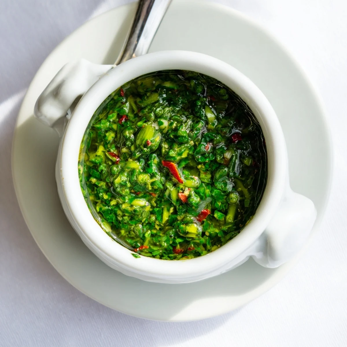 Homemade garlic scape chimichurri sauce in a rustic bowl with fresh herbs visible