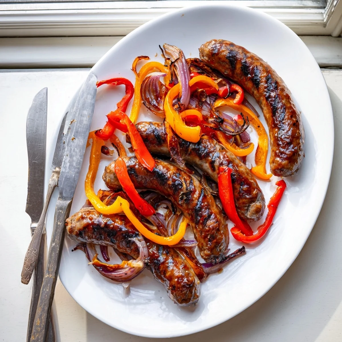 Juicy grilled BBQ beef sausage with colorful peppers and caramelized onions topped with tangy mustard honey glaze on a white serving plate