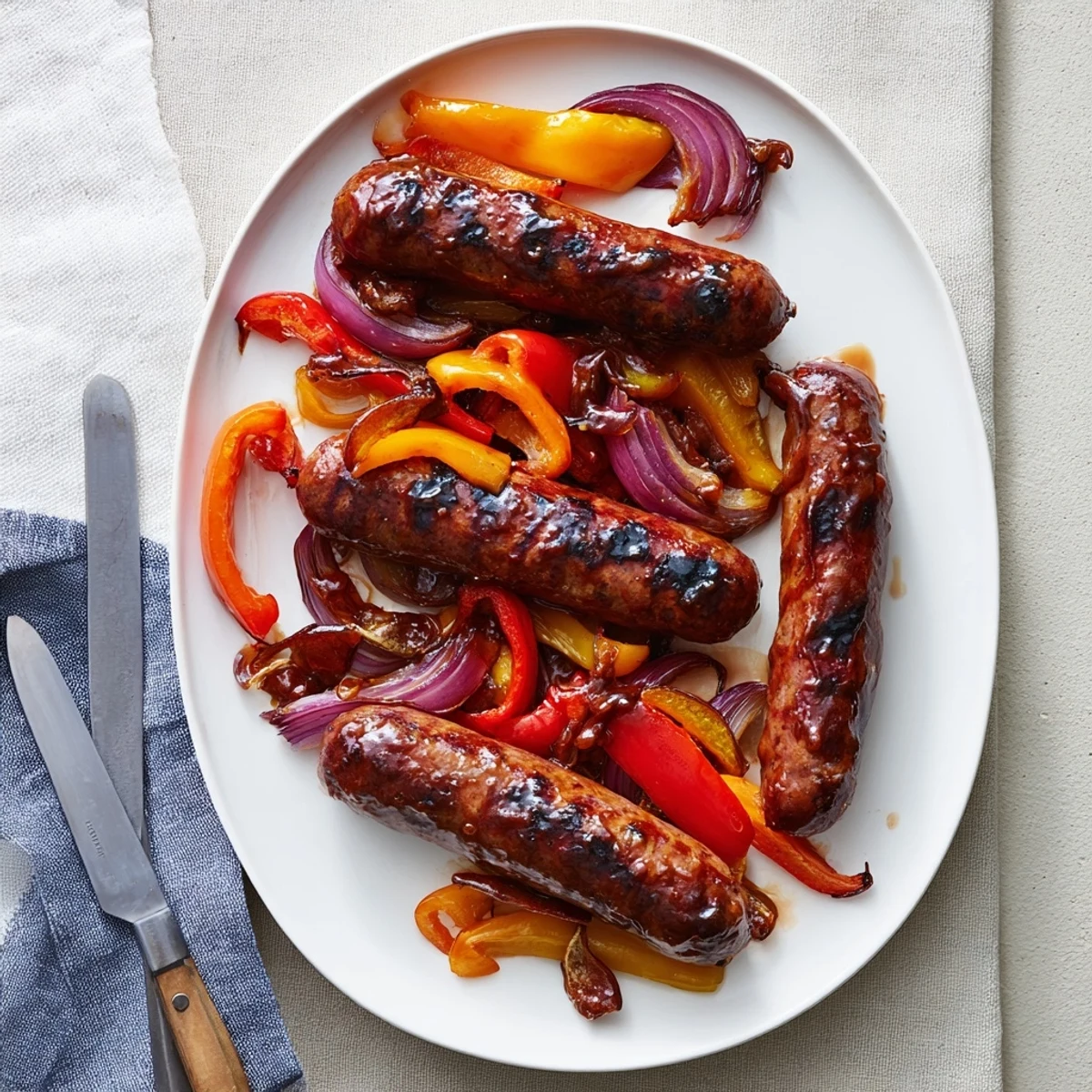 Golden beef sausages fresh from the grill alongside charred sweet bell peppers and red onion rings drizzled with zesty mustard BBQ sauce