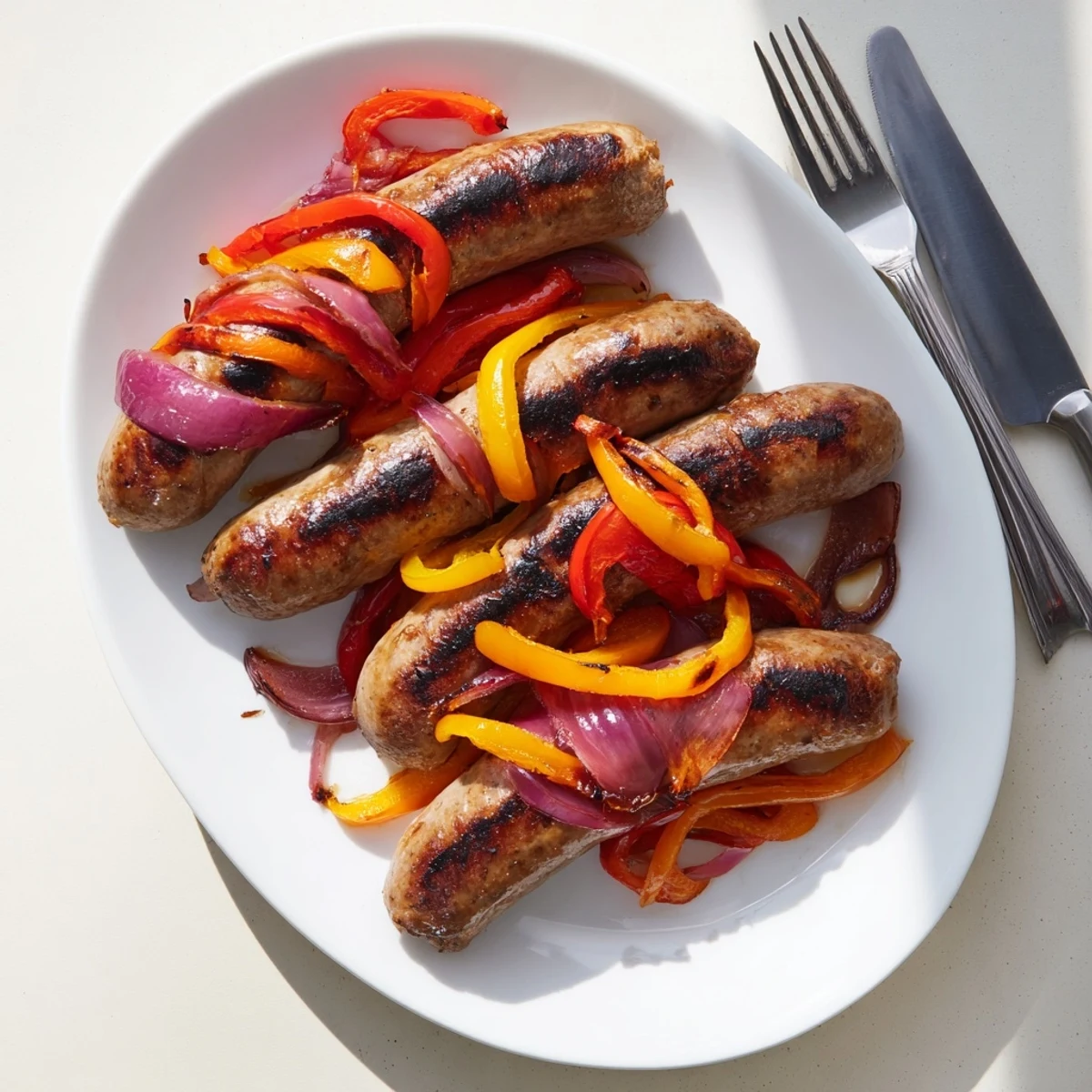 Summer barbecue plate featuring glazed beef sausage links with tender roasted peppers and onions finished with a sweet mustard brushing