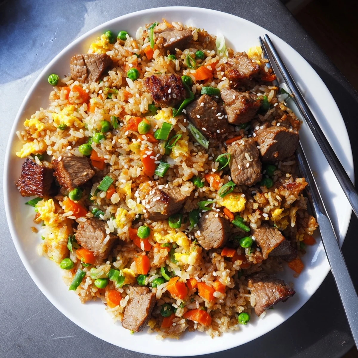 Steak fried rice cooked on flat top griddle with savory soy butter glaze