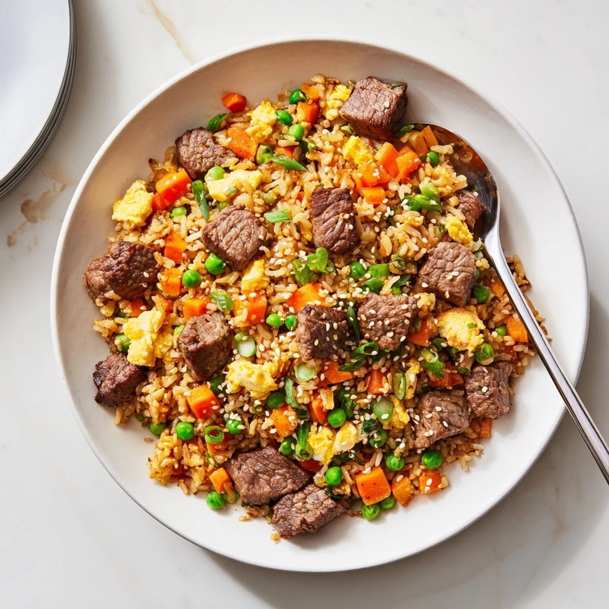 Golden fried rice on Blackstone griddle featuring seared steak, eggs, and crisp peas