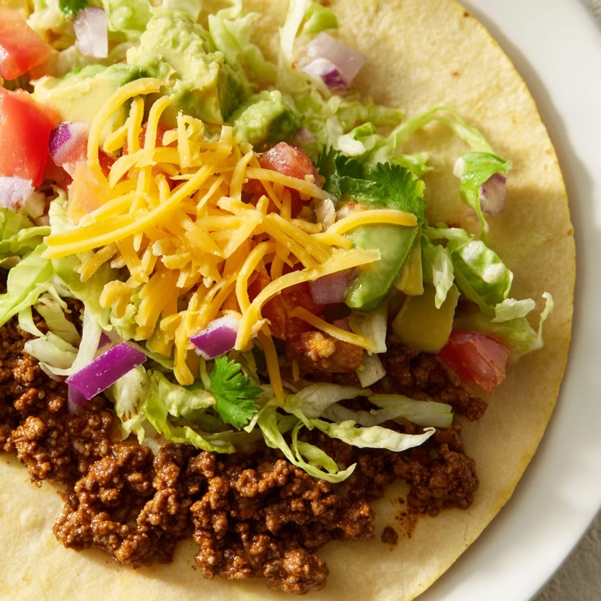 Golden corn tortillas piled high with seasoned ground beef tacos topped with vibrant pico de gallo and fresh avocado slices