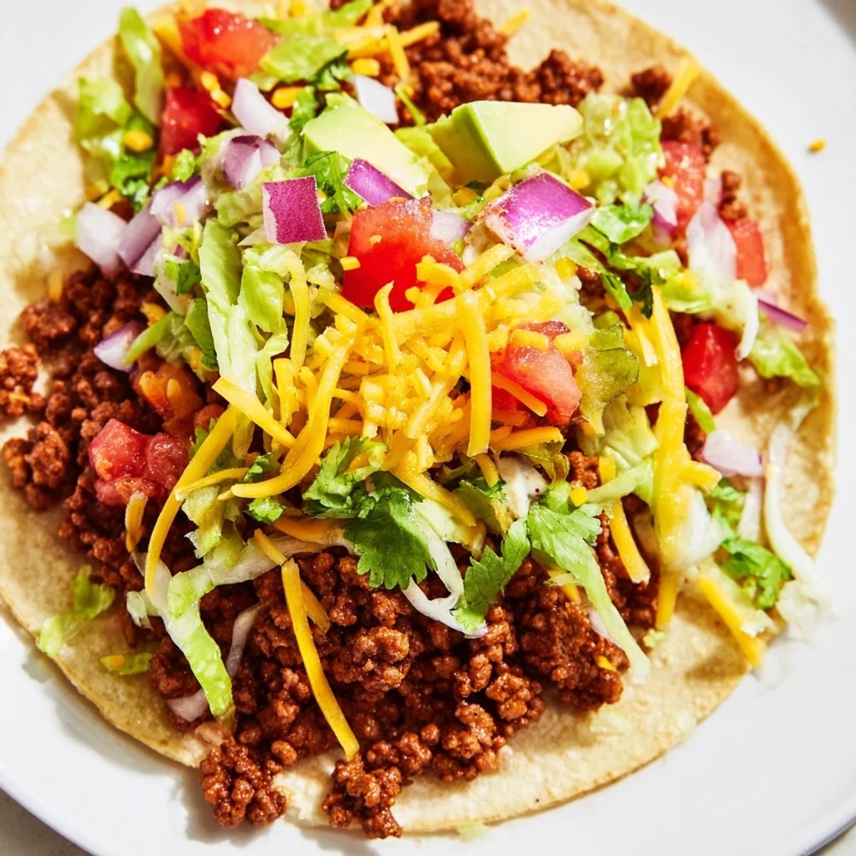 Platter of delicious ground beef tacos with homemade seasoning loaded with fresh pico de gallo shredded lettuce and cheese