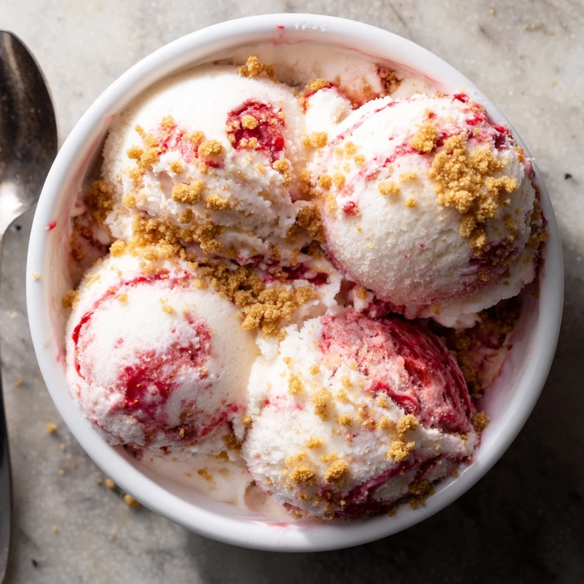 Creamy churn strawberry cheesecake ice cream swirled with red berry ribbons and golden graham cracker crumbs