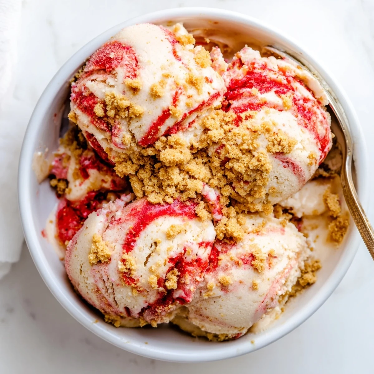 Hand churned strawberry cheesecake ice cream topped with fresh strawberry sauce and buttery cracker crumble