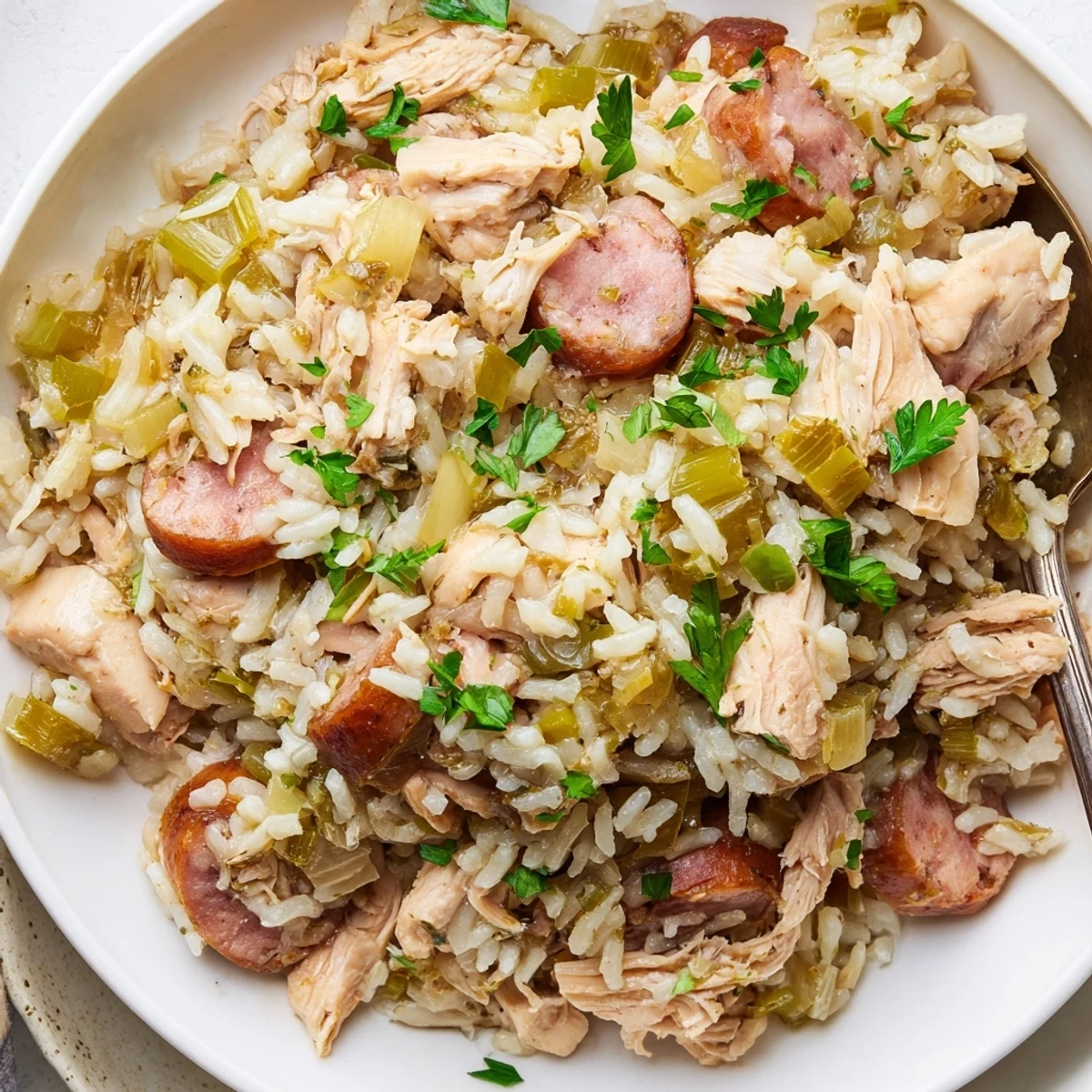 Hearty Southern Chicken Bog one-pot meal with perfectly cooked rice, sliced sausage, and savory chicken pieces garnished with fresh parsley