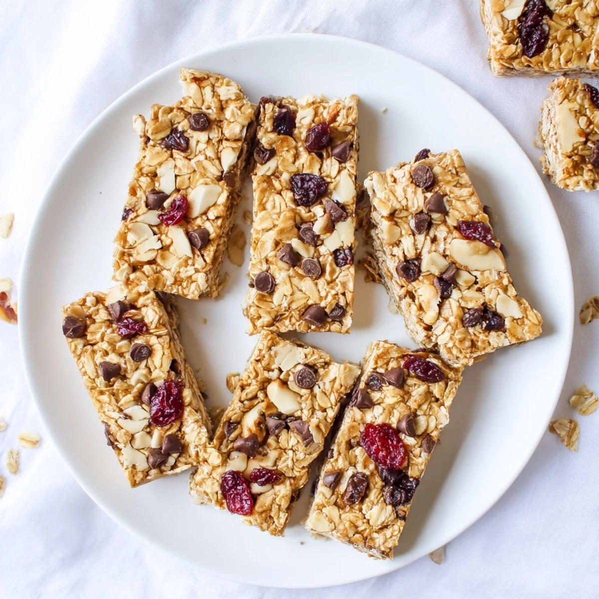 Golden no bake oat bars studded with chocolate chips and cranberries in a square pan