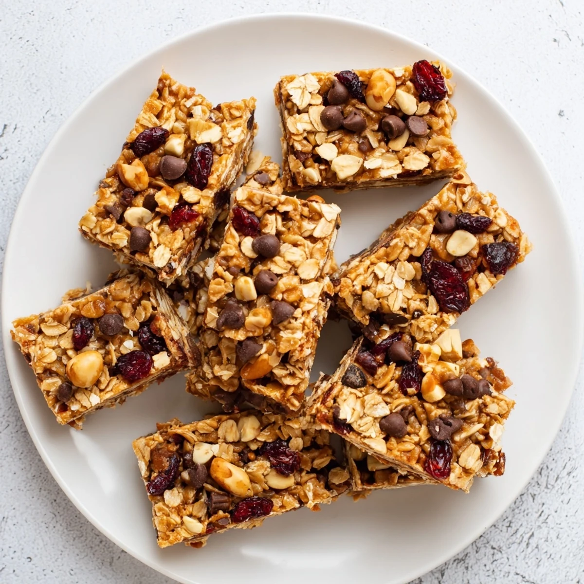 Chewy homemade oat bars layered with peanuts and dried fruit ready for snacking