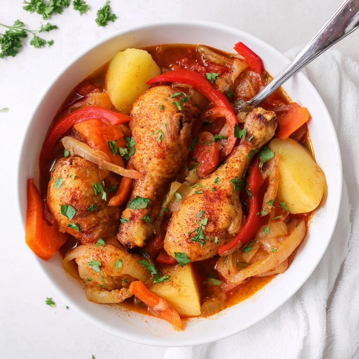 Golden chicken drumsticks simmered with colorful vegetables in a rich Spanish-style stew