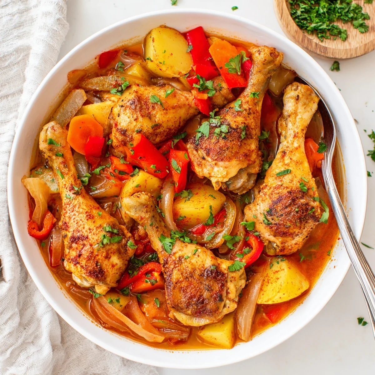 Hearty bowl of Spanish chicken drumsticks stew garnished with fresh parsley and rustic vegetables