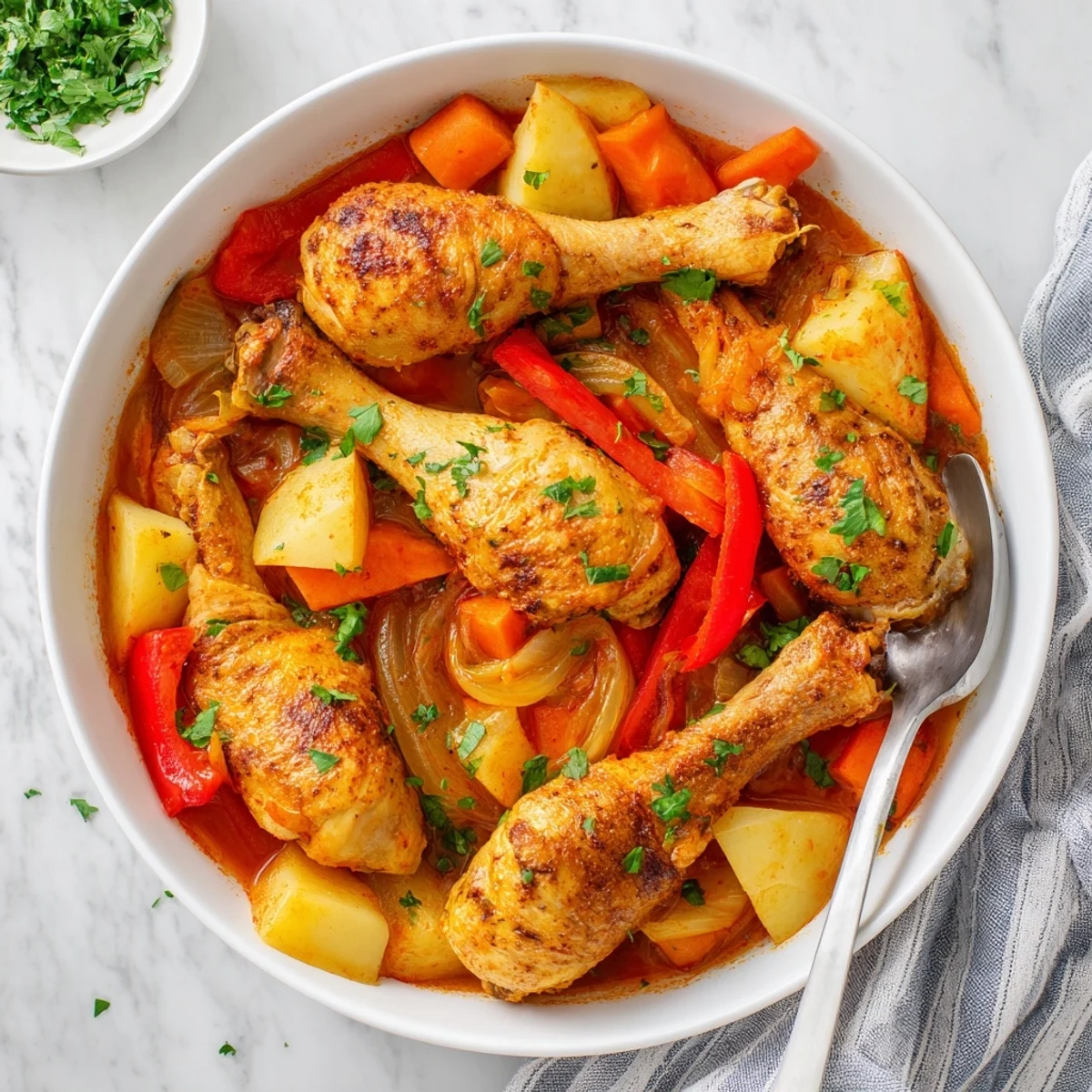 Tender Spanish chicken drumsticks stew with potatoes peppers and aromatic spices in a rustic pot