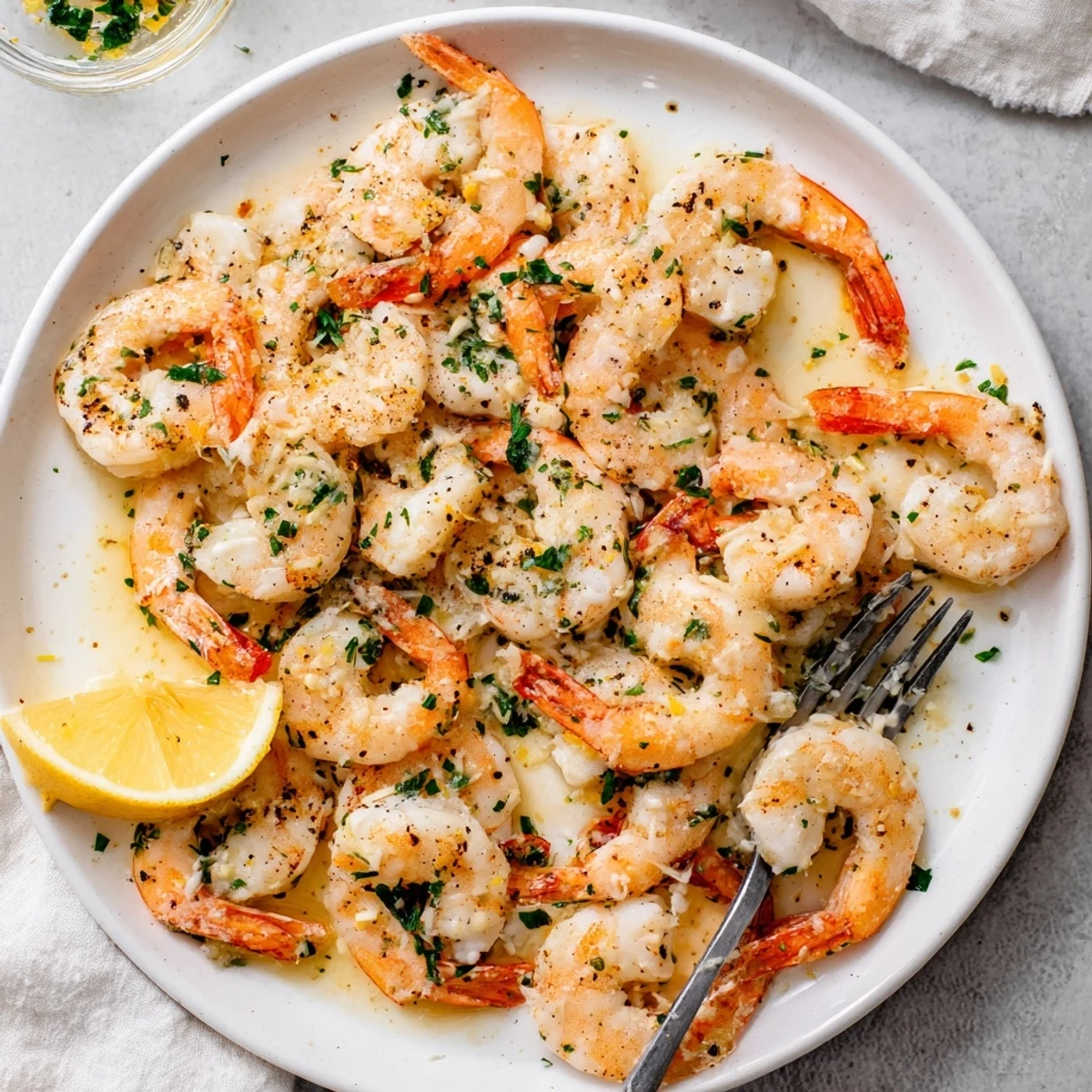 Golden garlic butter shrimp skillet topped with melted Parmesan and fresh parsley