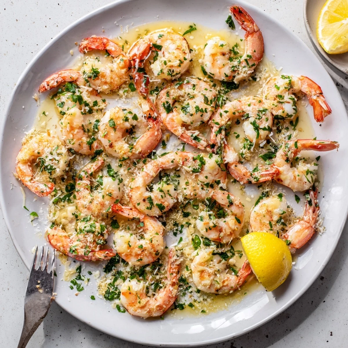 Juicy shrimp coated in garlic parmesan butter sauce in a cast iron skillet