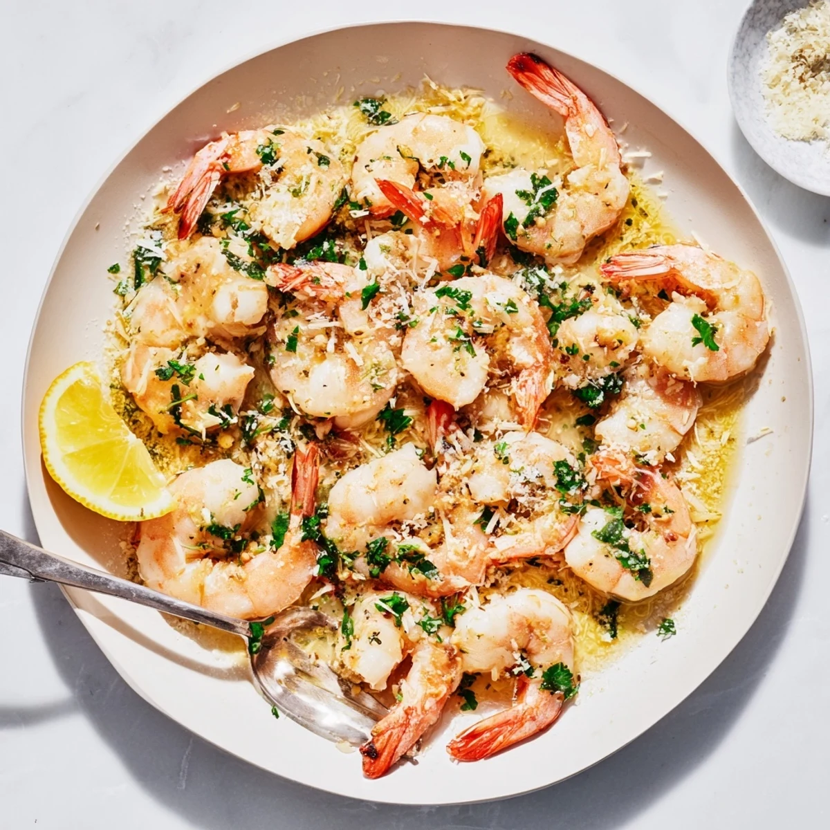 Sizzling Ruth's Chris Garlic Parmesan Shrimp Skillet served with lemon wedges