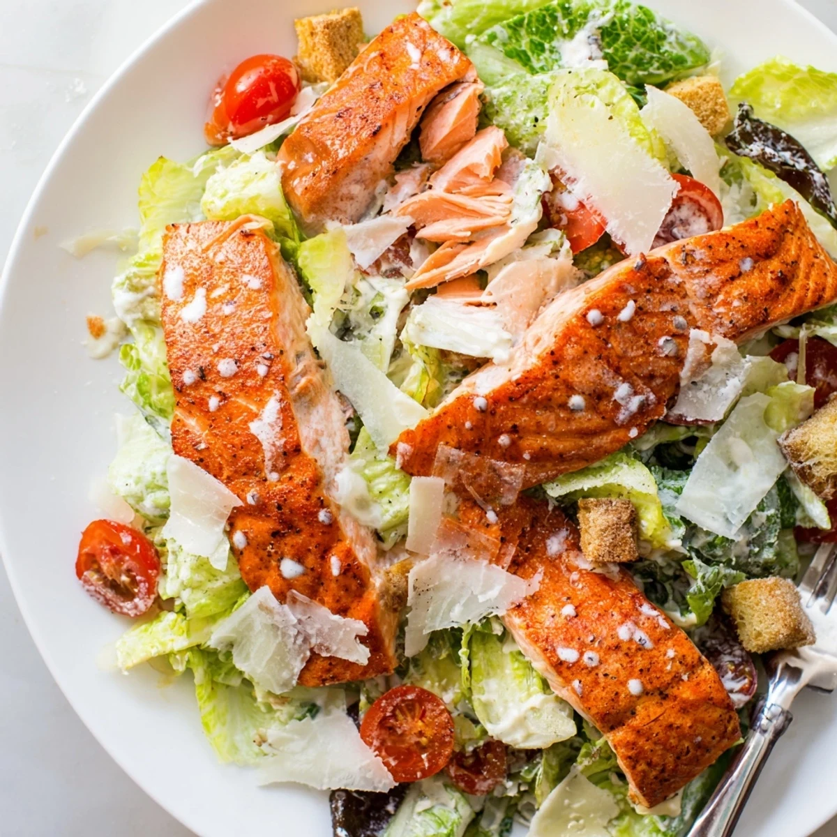Smoky Salmon Caesar Salad Recipe with flaky roasted salmon, crisp romaine, creamy dressing