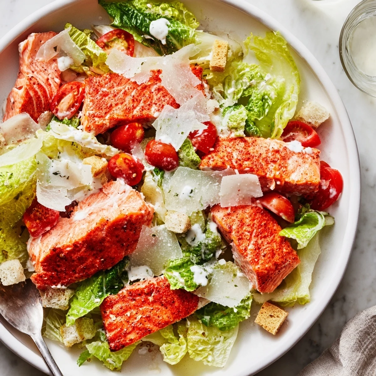 Warm, flaky fish atop Smoky Salmon Caesar Salad Recipe, tossed with zesty dressing