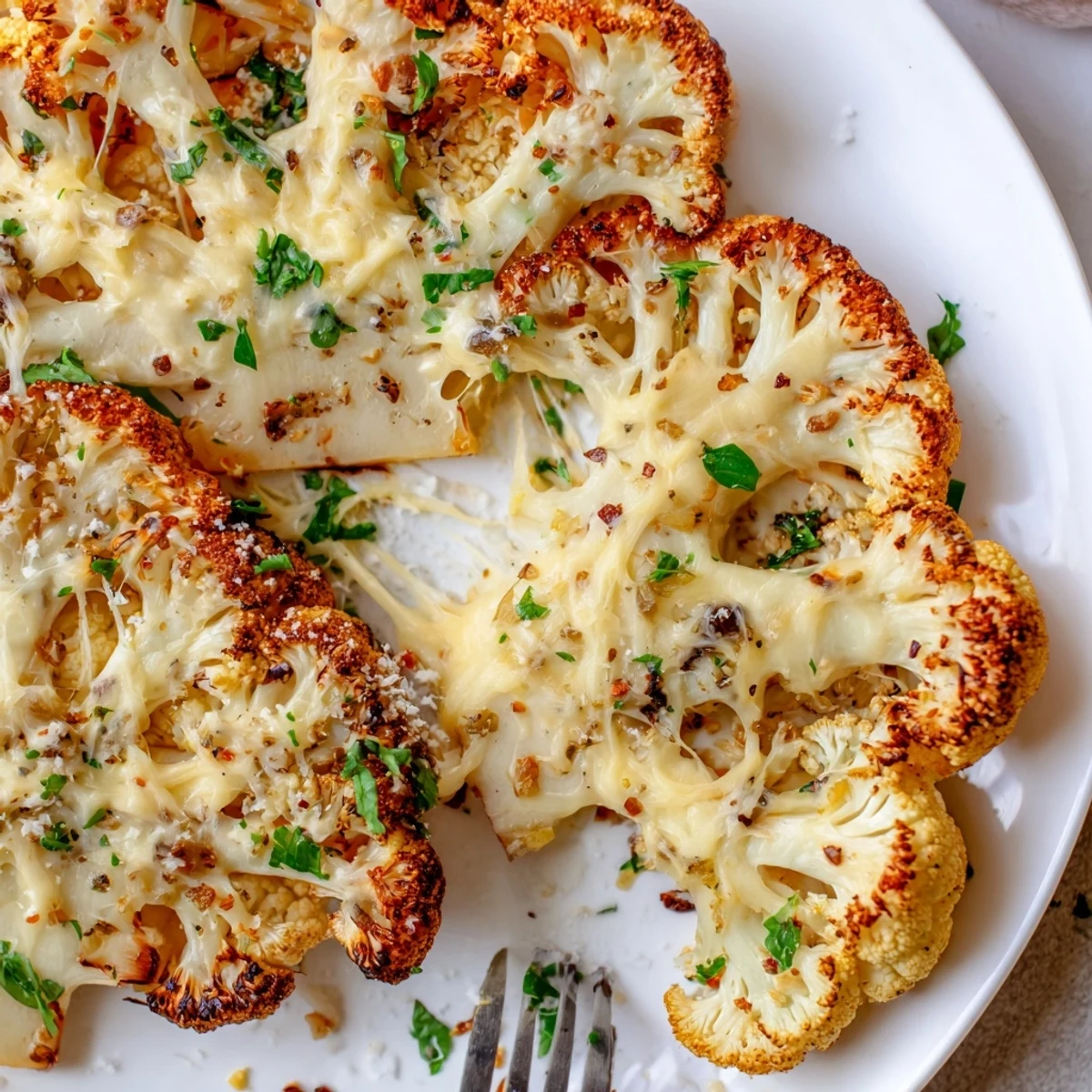 Cheesy Cauliflower Steaks with golden bubbly crust, roasted edges and parsley garnish