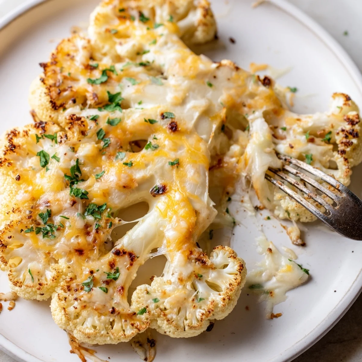 Cheesy Cauliflower Steaks topped with melty mozzarella-cheddar blend and smoky paprika