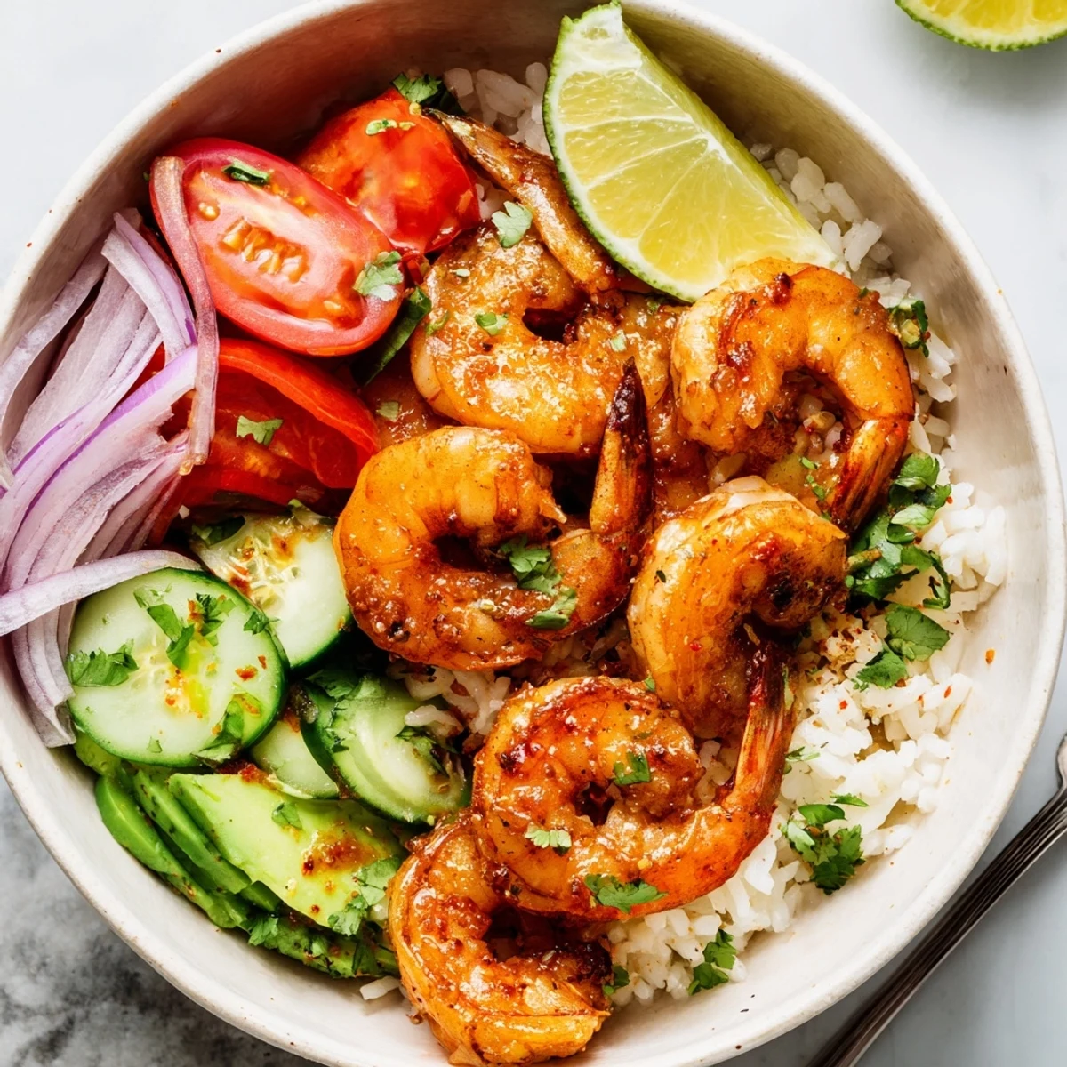 Garlic Shrimp Bowl with sizzling garlicky shrimp atop fluffy rice