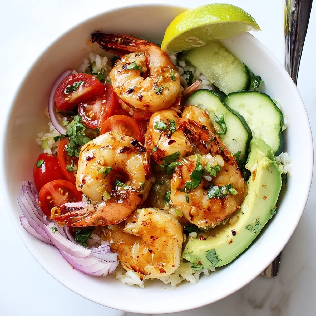 Bright Garlic Shrimp Bowl served with creamy avocado slices and lime