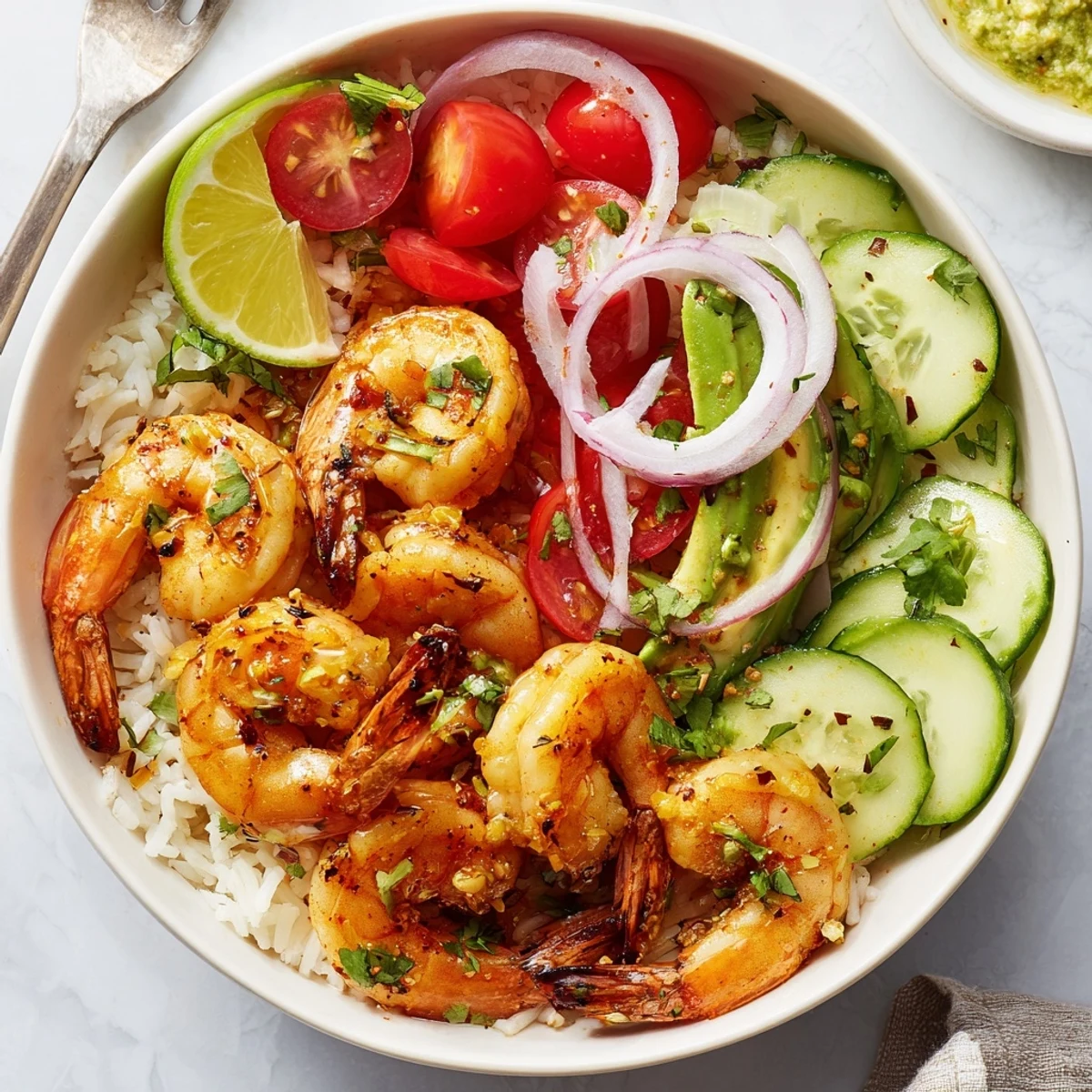 Weeknight Garlic Shrimp Bowl garnished with cilantro, cherry tomatoes, warm rice