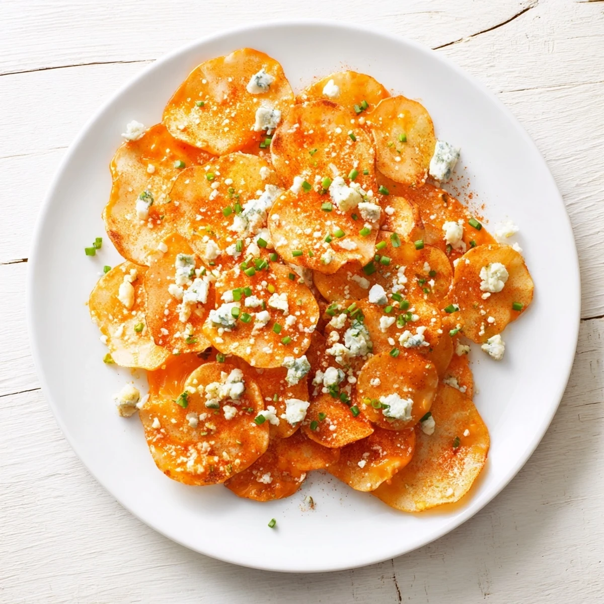 Crispy potato slices coated in tangy Buffalo sauce with a sprinkle of fresh green chives