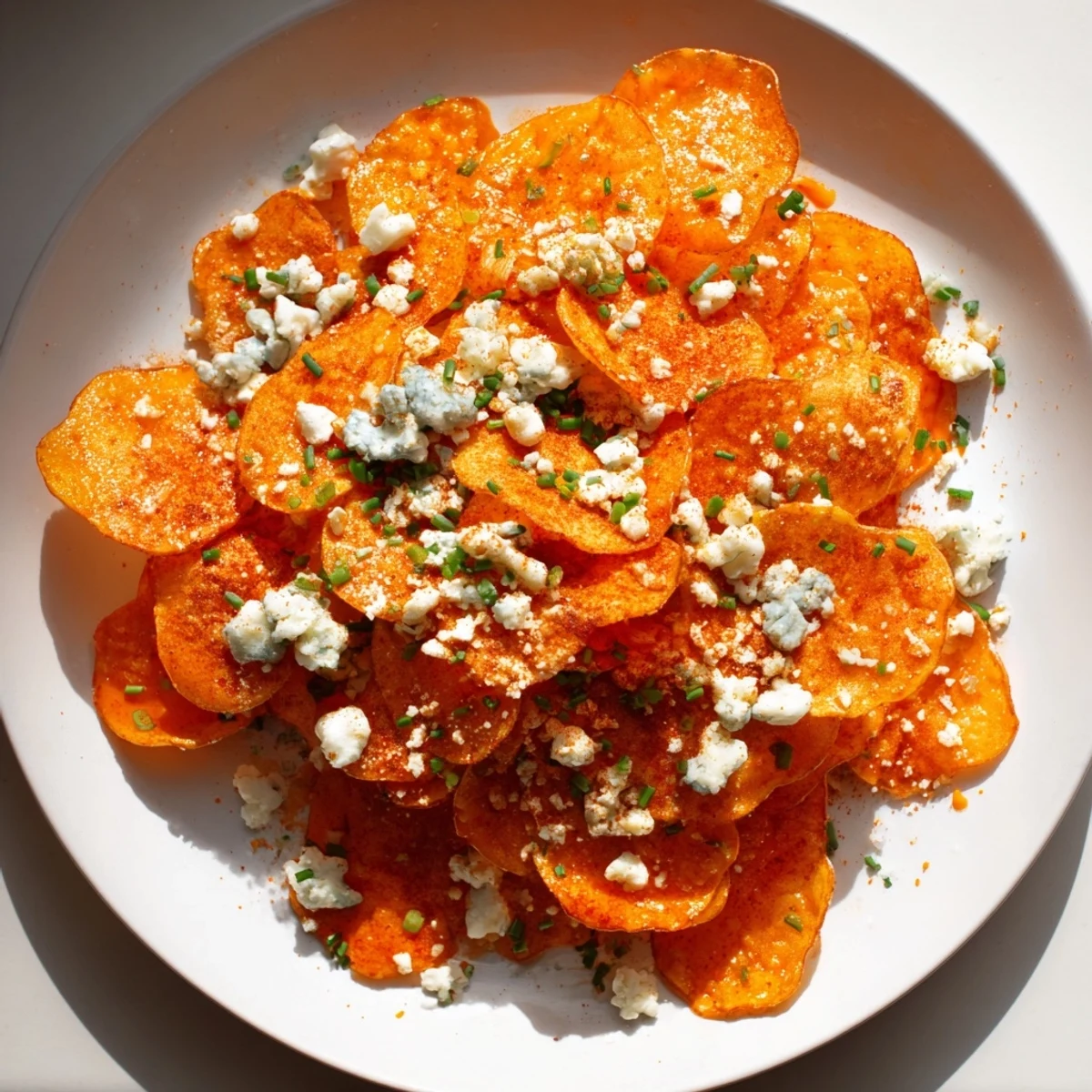 Heaping plate of spicy Buffalo chips served with cooling ranch dip for game day snacking