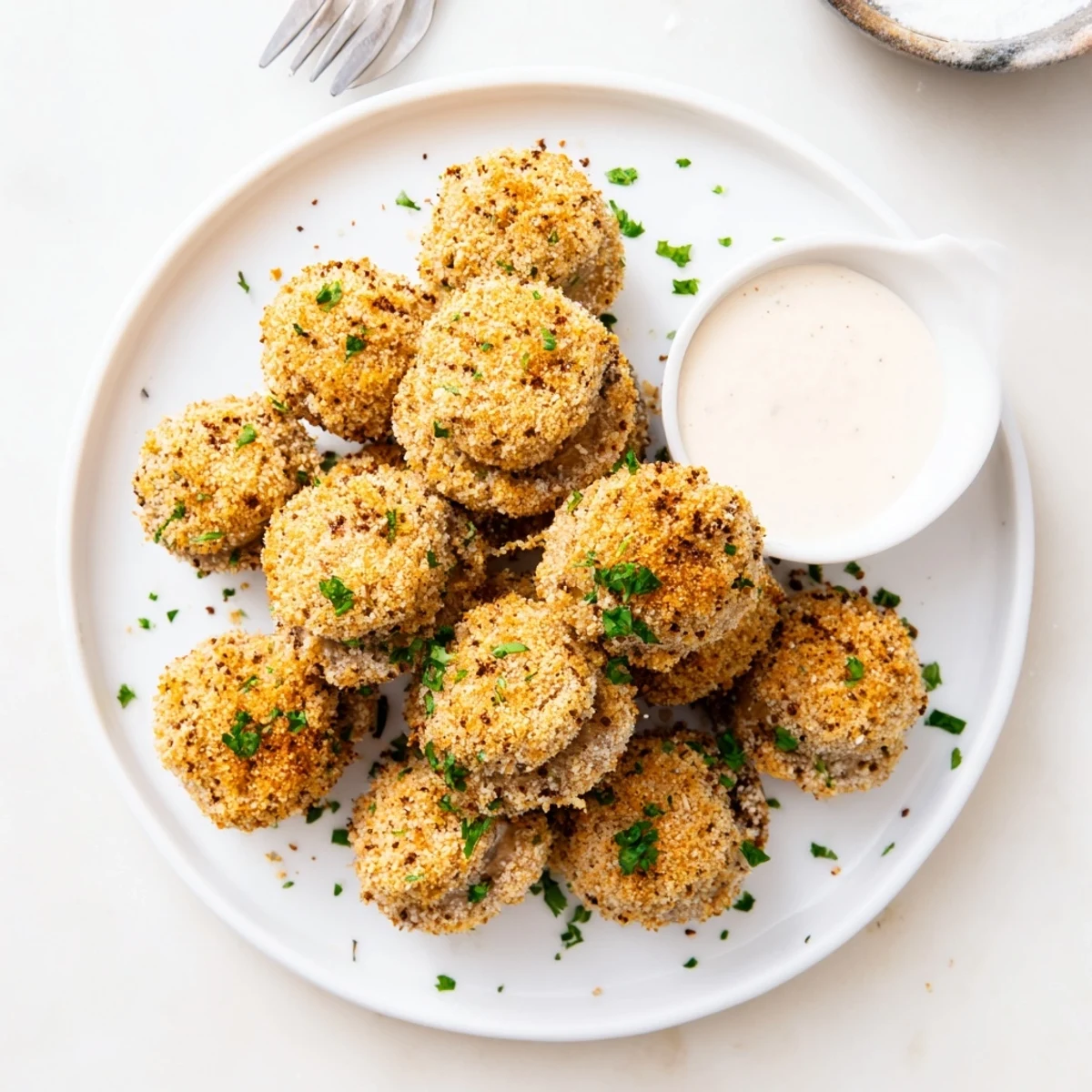 Golden brown crispy fried mushrooms arranged on a serving plate with fresh parsley garnish and creamy dipping sauce