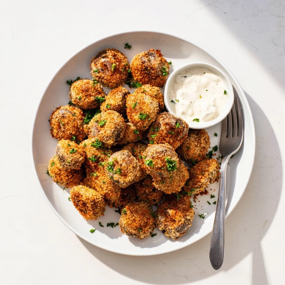Close-up of crispy fried mushrooms with deep golden exterior and tender interior served alongside ranch dipping sauce