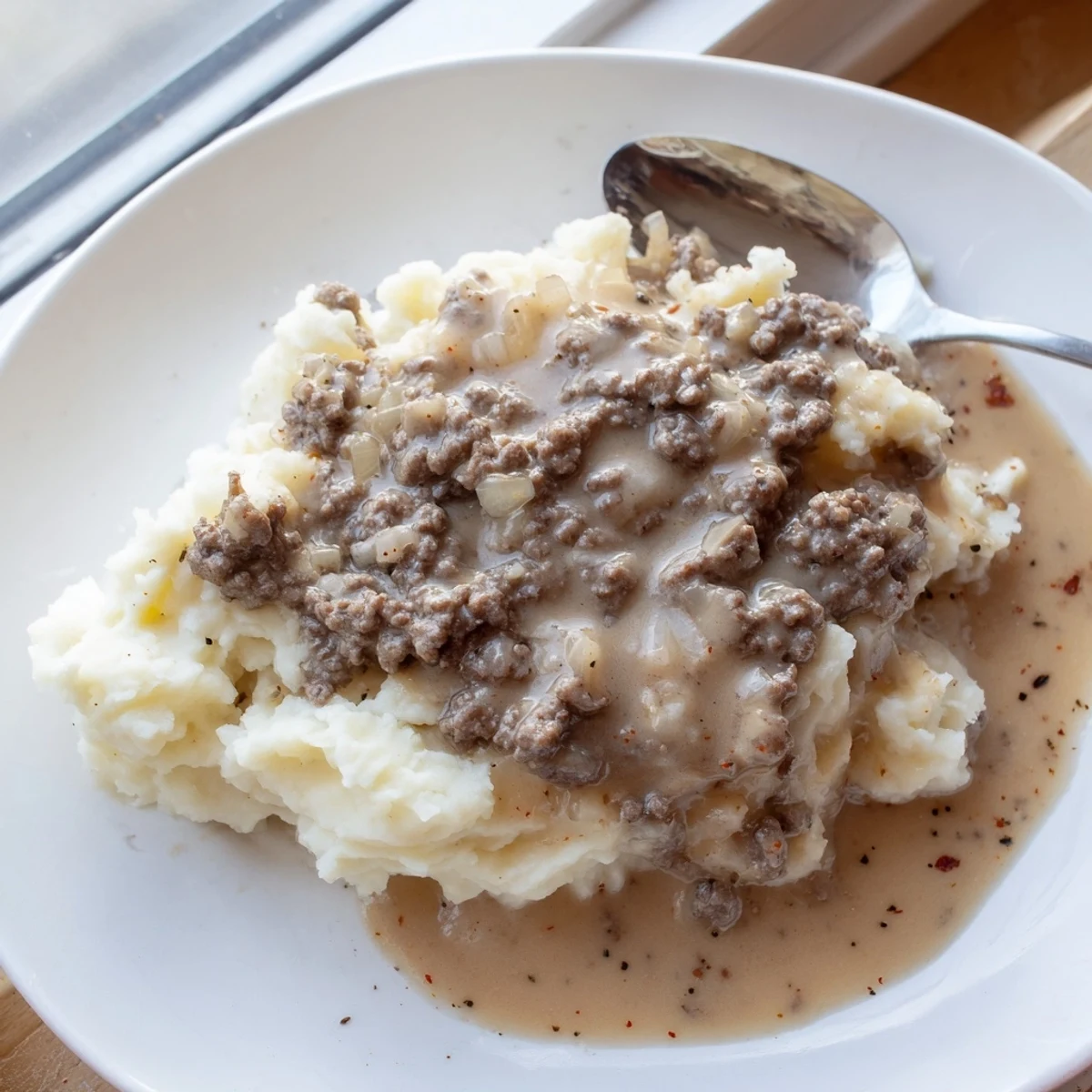 Creamy homemade hamburger gravy ladled over fluffy mashed potatoes in a white bowl