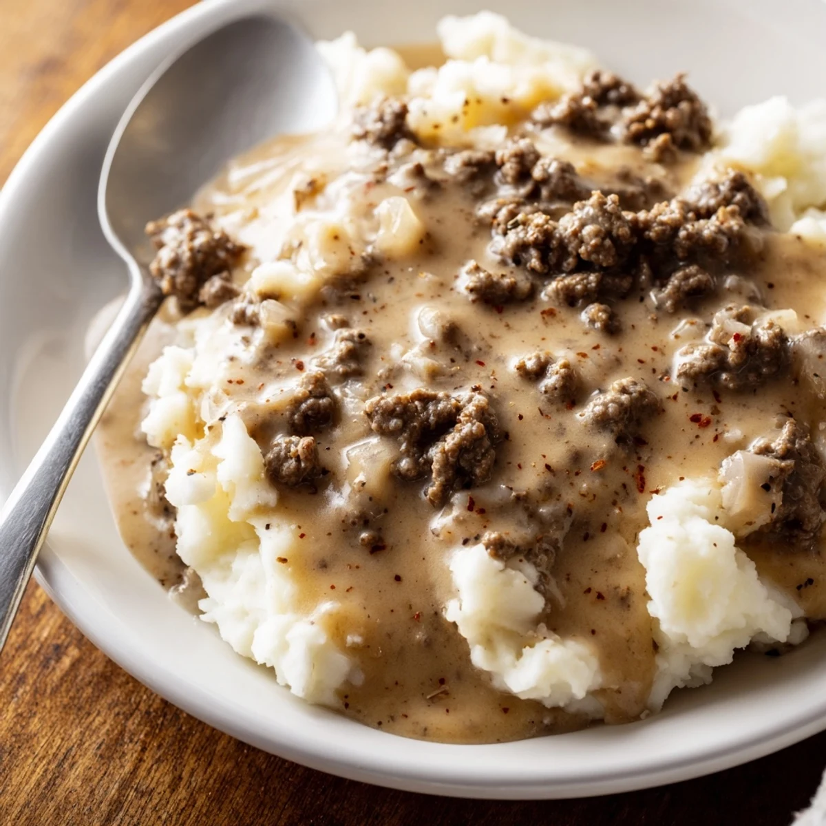 Rich brown hamburger gravy thickened with flour and seasoned with herbs served hot
