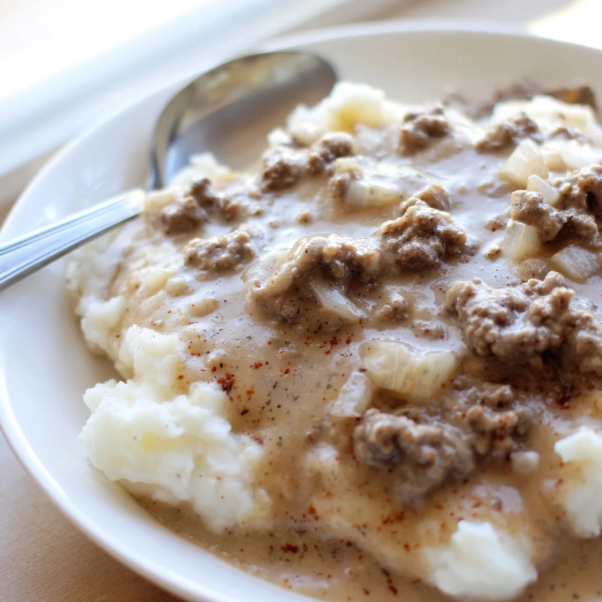Savory ground beef gravy with onions poured over buttery biscuits for comfort food dinner