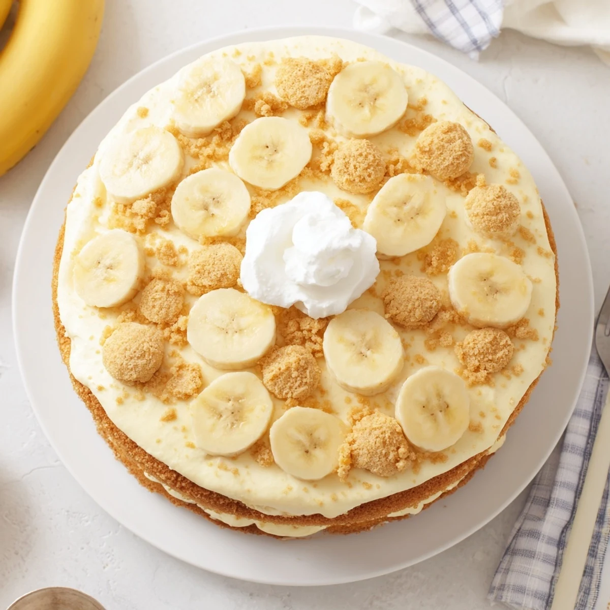 Golden slice of banana pudding cake revealing layers of creamy vanilla pudding and fresh banana slices between moist yellow cake