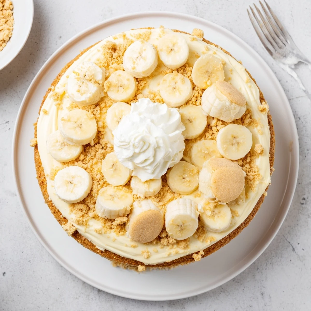 Southern banana pudding cake stacked high with whipped cream topping, crushed vanilla wafers, and decorative banana rounds on a white plate