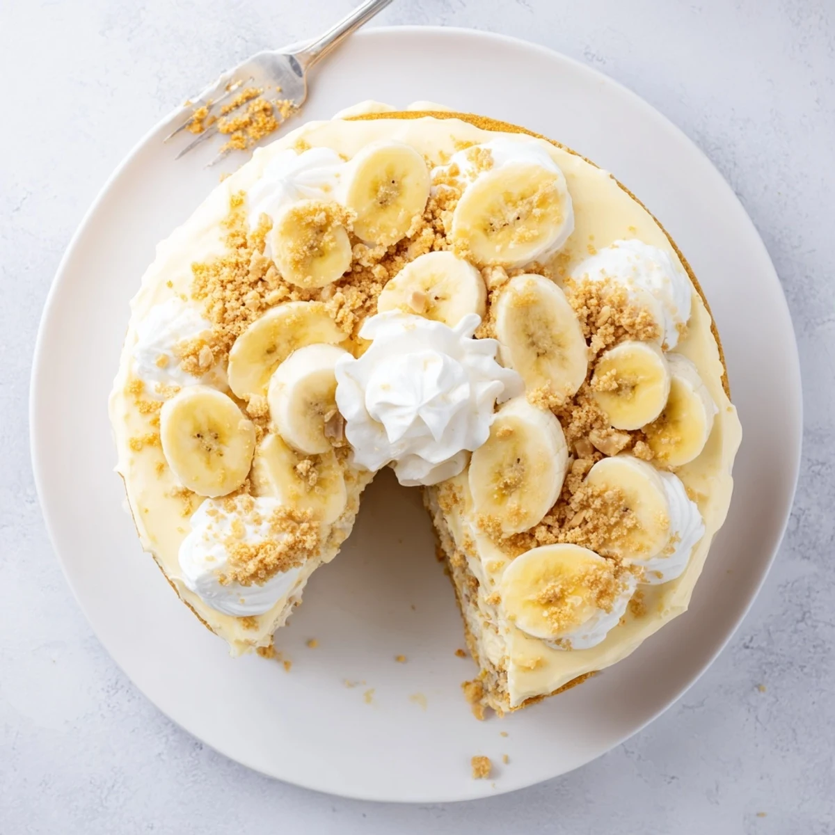 Decadent banana pudding cake serving showing cross section of vanilla custard filling, fresh banana wheels, and buttery crumb topping