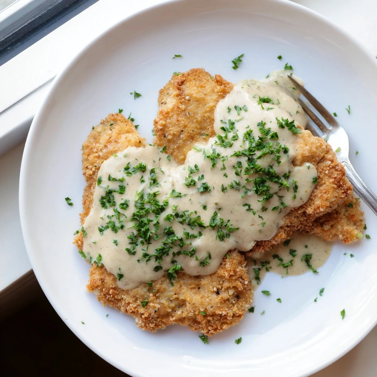 Pan-fried breaded chicken smothered in rich garlic cream sauce served on a white dinner plate