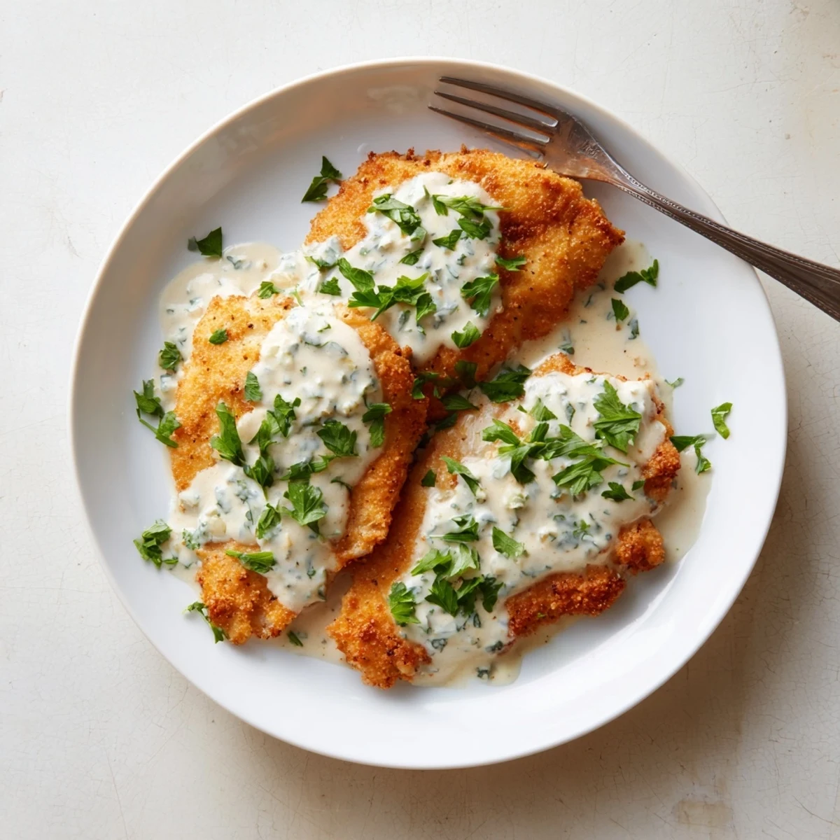 Golden brown crispy chicken breasts drizzled with velvety Parmesan cream sauce and fresh parsley garnish