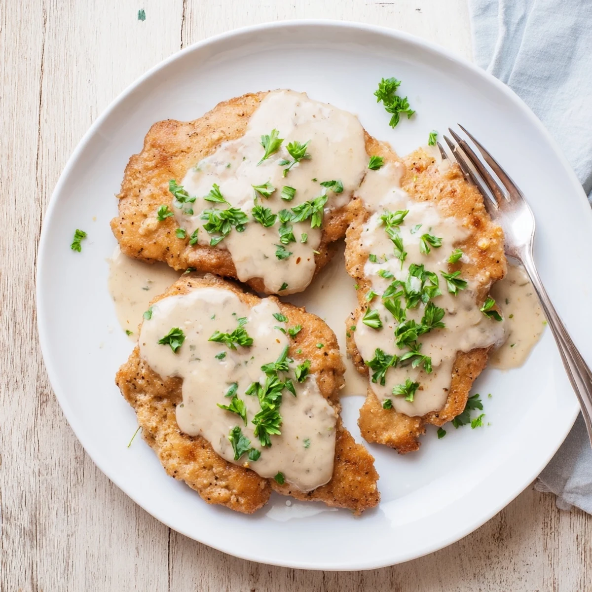 Crispy panko-coated chicken topped with luxurious cheesy white sauce featuring chopped parsley for a comforting dinner