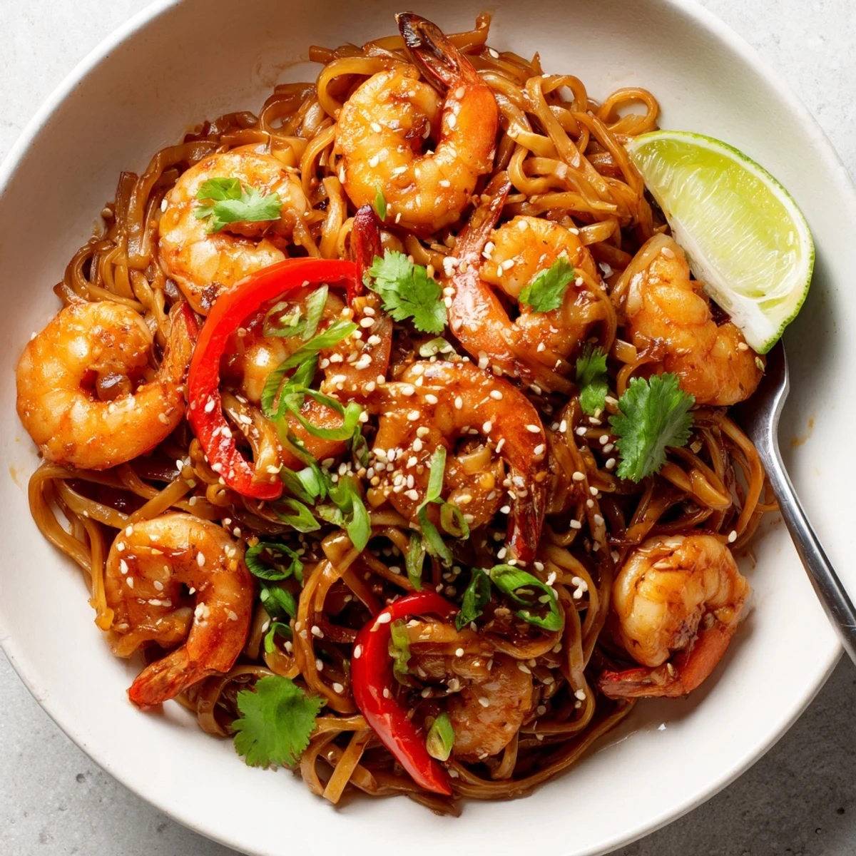 Spicy Garlic Shrimp Noodles Recipe plated with lime wedges, toasted sesame, aromatic steam  