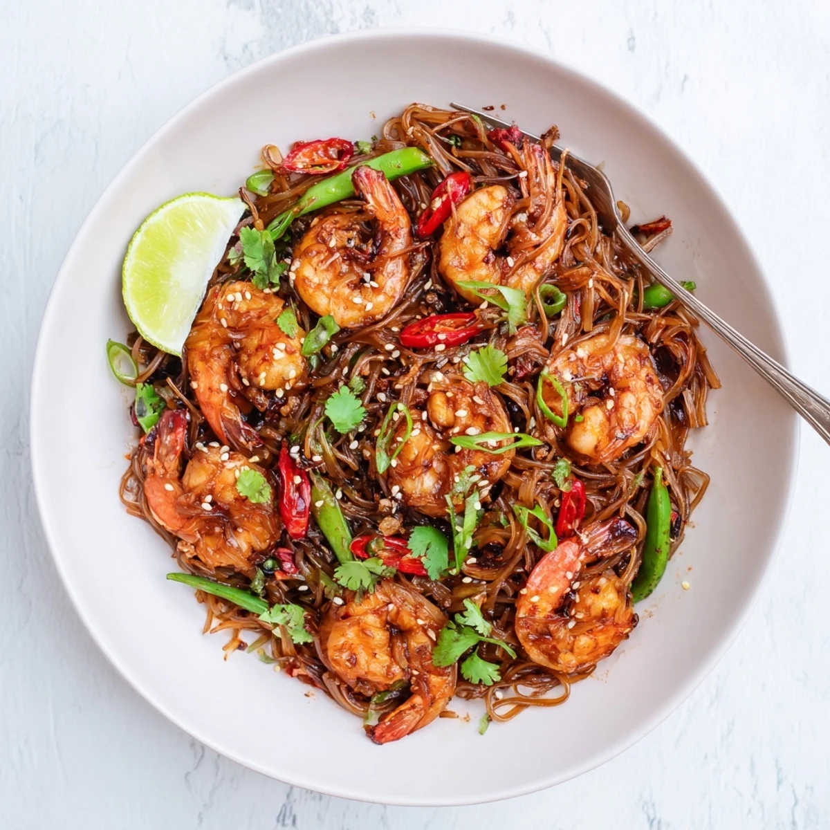 Weeknight Spicy Garlic Shrimp Noodles Recipe glistening in chili-garlic sauce, garnished with coriander