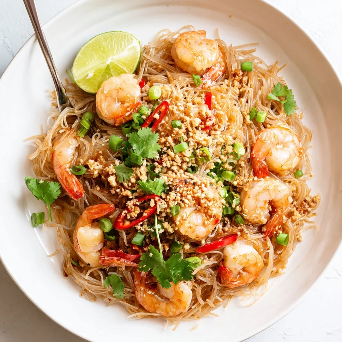 Steaming bowl of Spicy Garlic Shrimp Noodles Recipe tossed with crisp snow peas  