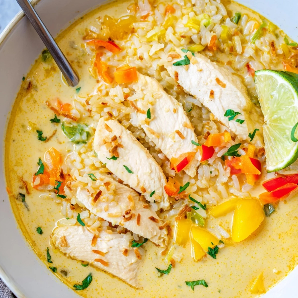 Steaming and fragrant Golden Coconut Chicken Rice Soup Comforting Creamy Bowl Of Flavor