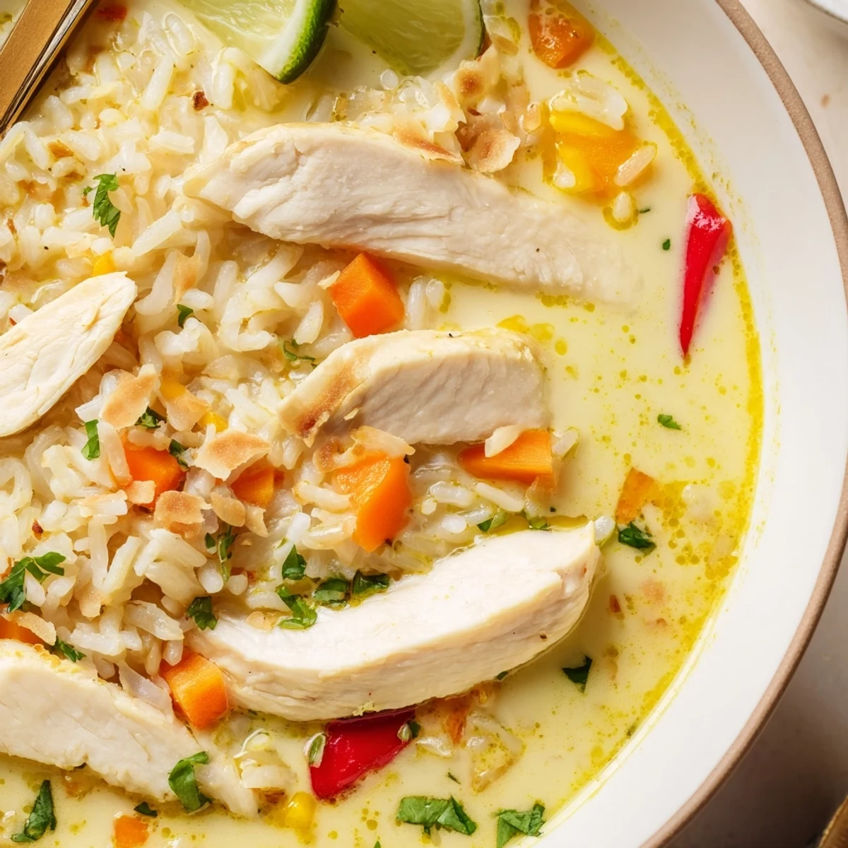 Ladle of Golden Coconut Chicken Rice Soup Comforting Creamy Bowl Of Flavor silky