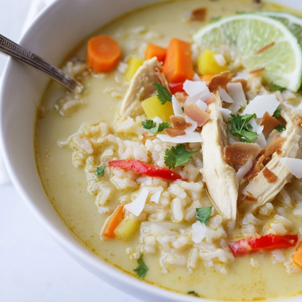 Golden Coconut Chicken Rice Soup Comforting Creamy Bowl Of Flavor garnished with lime wedges