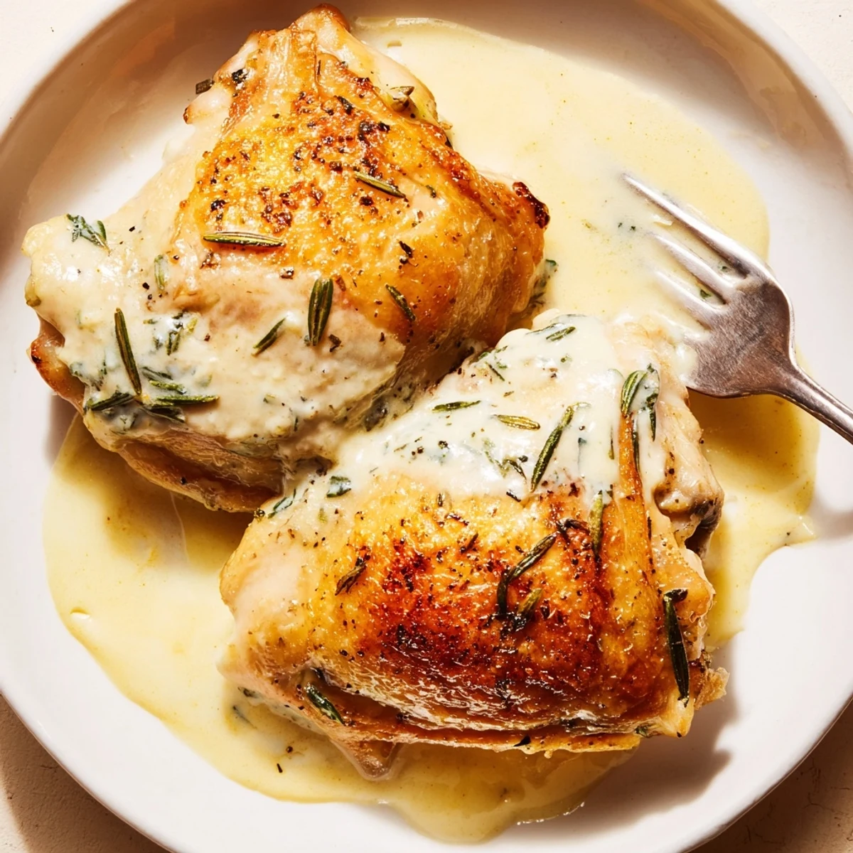 Pan-seared Creamy Garlic Chicken Thighs With Herbs resting in fragrant garlic-herb cream