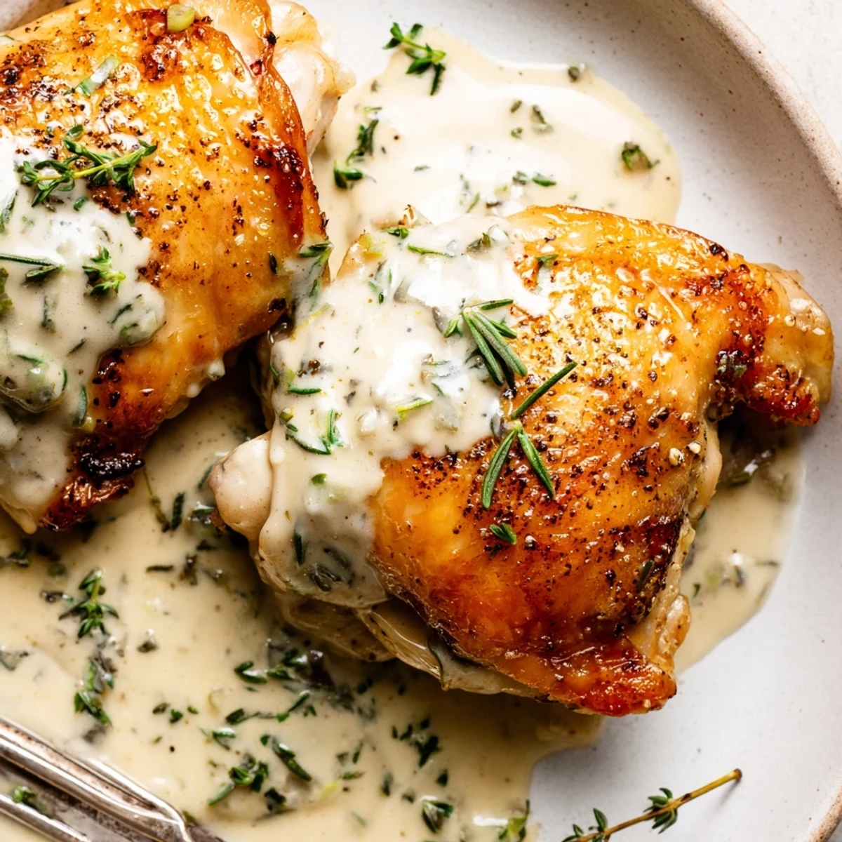 Creamy Garlic Chicken Thighs With Herbs glistening in rich sauce, spooned over mashed potatoes