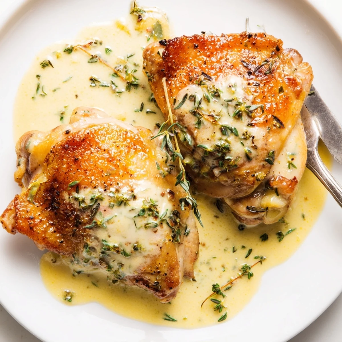 Creamy Garlic Chicken Thighs With Herbs topped with parsley, ready for crusty bread
