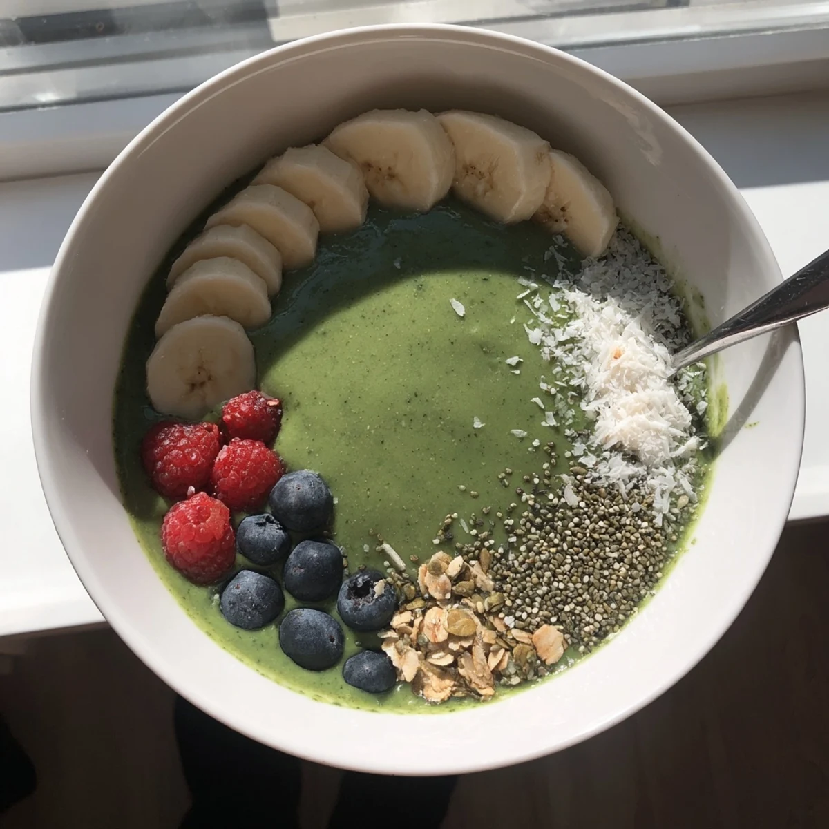 Creamy Green Smoothie Bowl with Spirulina, Banana & Hemp Seeds, topped with berries